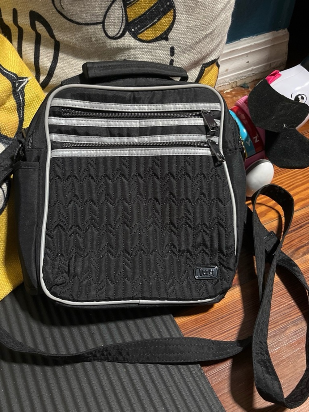 Lug Black Quilted Messenger Bag with Silver Trim